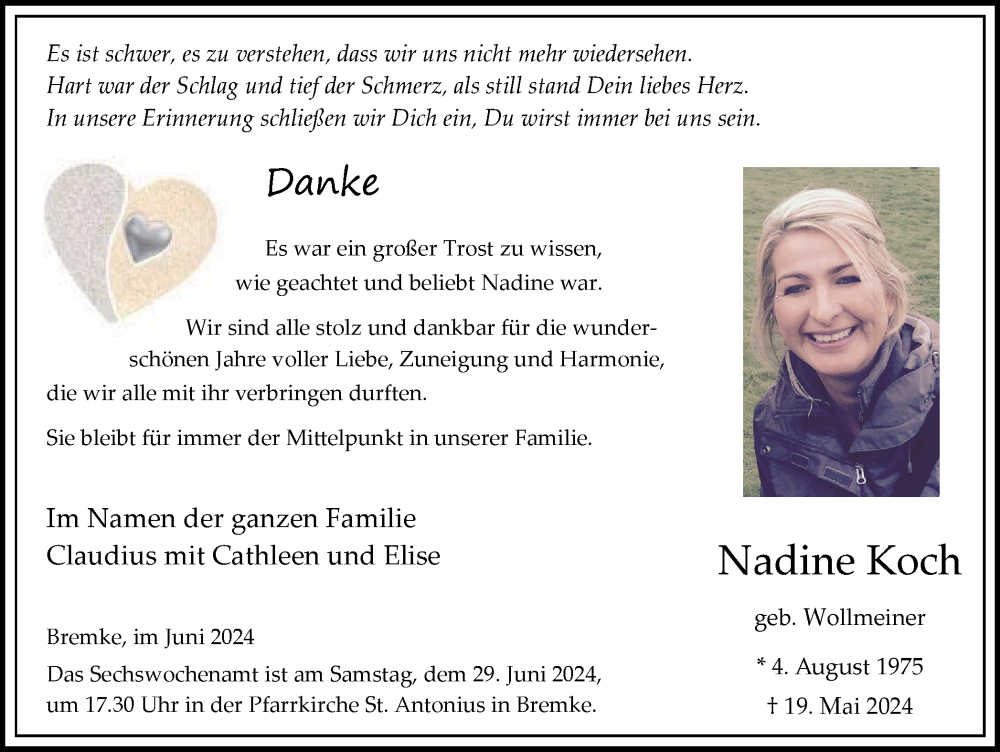  Traueranzeige für Nadine Koch vom 22.06.2024 aus Tageszeitung