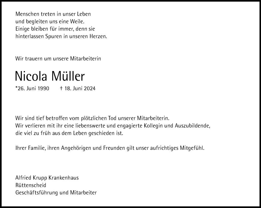  Traueranzeige für Nicola Müller vom 22.06.2024 aus Tageszeitung