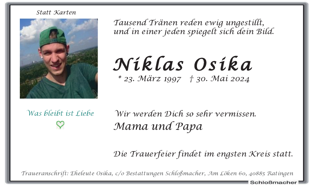  Traueranzeige für Niklas Osika vom 08.06.2024 aus Tageszeitung