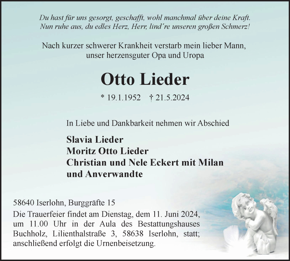  Traueranzeige für Otto Lieder vom 08.06.2024 aus Tageszeitung