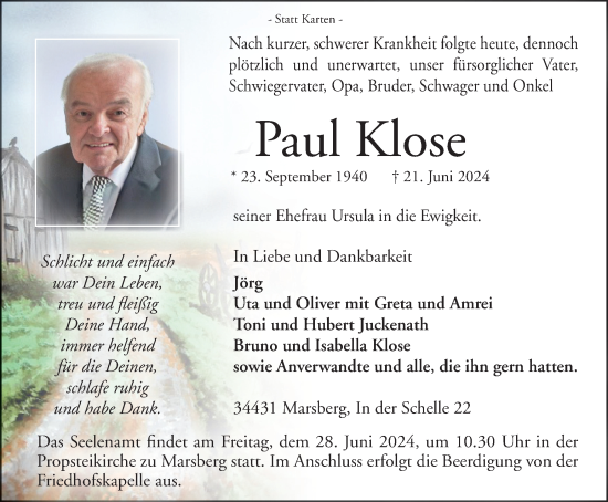 Traueranzeige von Paul Klose von Tageszeitung