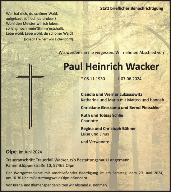 Traueranzeige von Paul Heinrich Wacker von Tageszeitung
