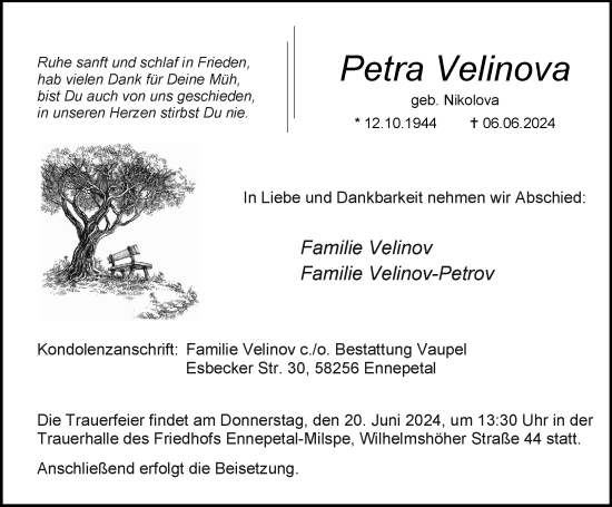 Traueranzeige von Petra Velinova von Tageszeitung