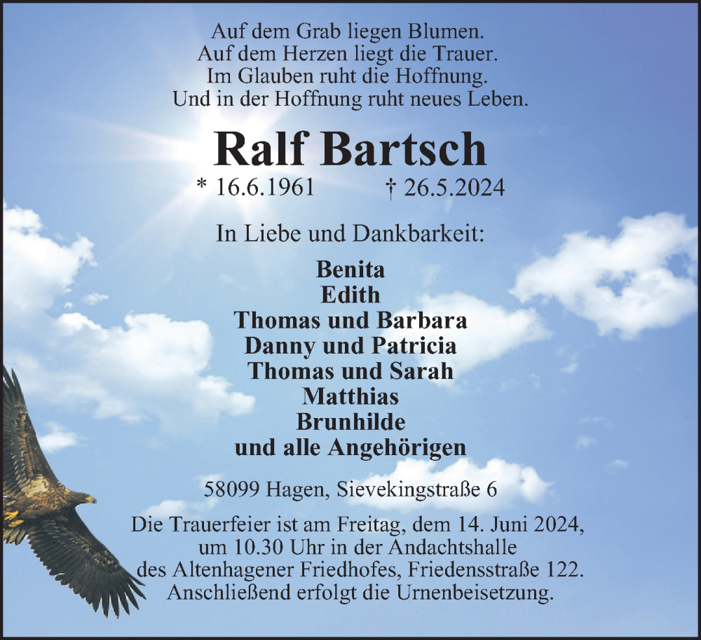  Traueranzeige für Ralf Bartsch vom 01.06.2024 aus Tageszeitung
