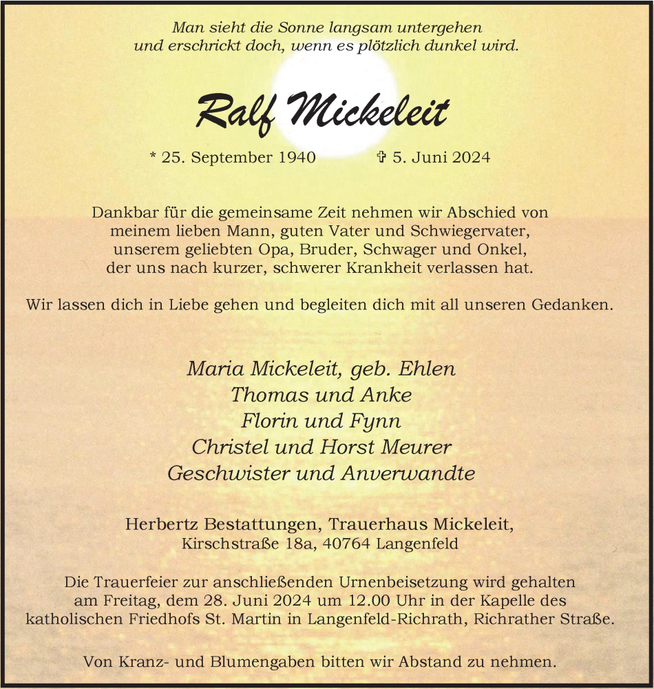 Traueranzeige für Ralf Mickeleit vom 15.06.2024 aus Tageszeitung