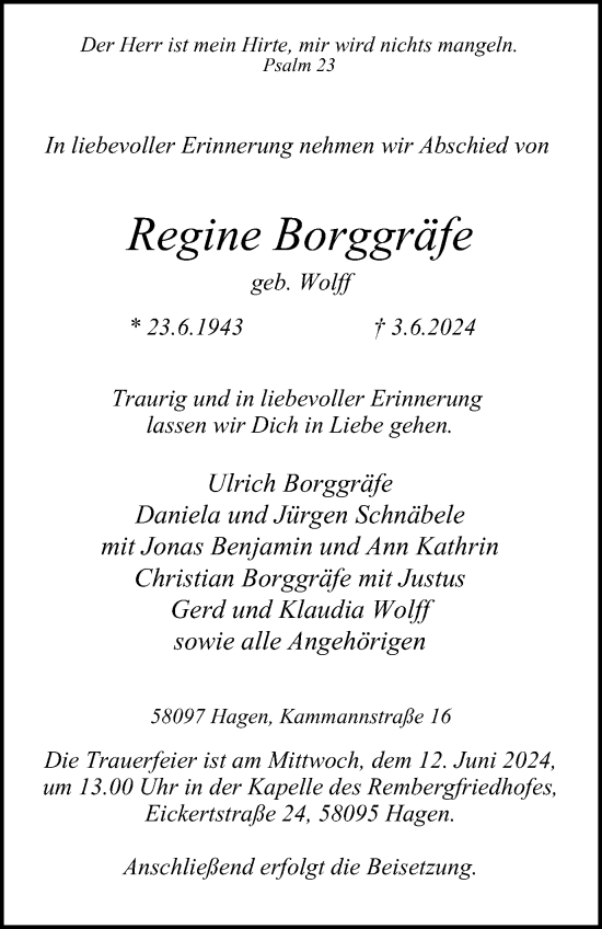 Traueranzeige von Regine Borggräfe von Tageszeitung