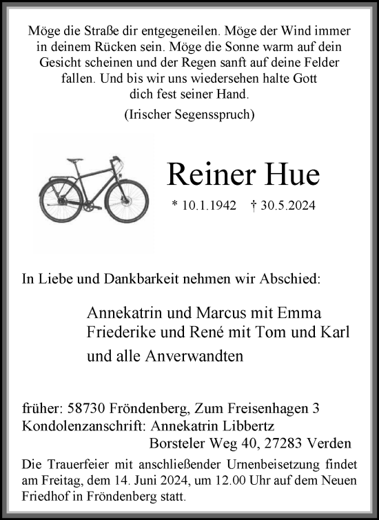 Traueranzeige von Reiner Hue von Tageszeitung
