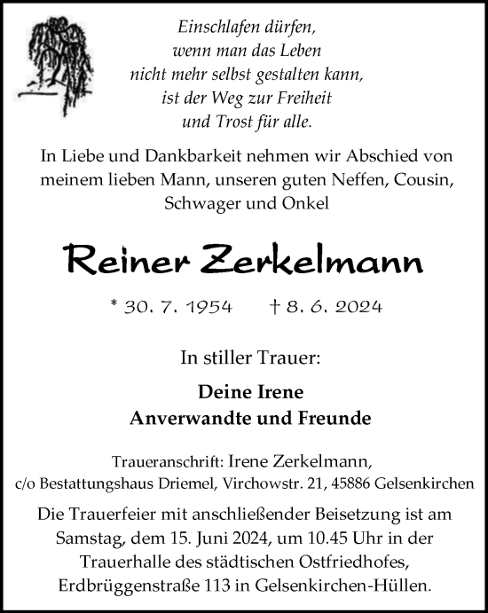 Traueranzeige von Reiner Zerkelmann von Tageszeitung