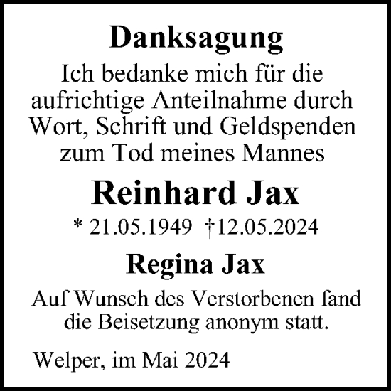 Traueranzeige von Reinhard Jax von Tageszeitung