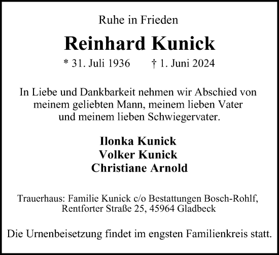 Traueranzeige von Reinhard Kunick von Tageszeitung