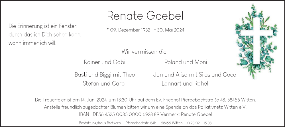  Traueranzeige für Renate Goebel vom 08.06.2024 aus Tageszeitung