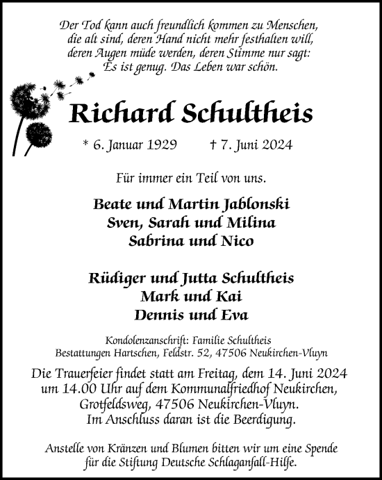 Traueranzeige von Richard Schultheis von Tageszeitung