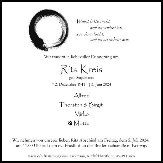 Traueranzeige von Rita Kreis von Tageszeitung