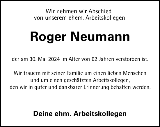 Traueranzeige von Roger Neumann von Tageszeitung