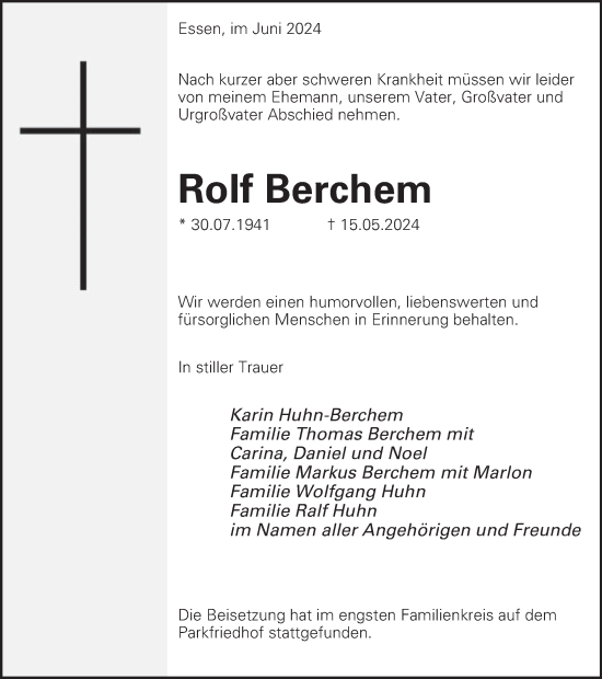 Traueranzeige von Rolf Berchem von Tageszeitung