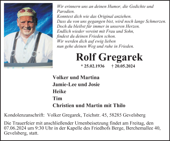 Traueranzeige von Rolf Gregarek von Tageszeitung