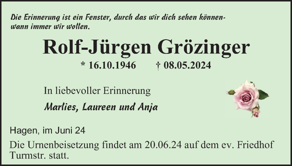  Traueranzeige für Rolf-Jürgen Grözinger vom 15.06.2024 aus Tageszeitung