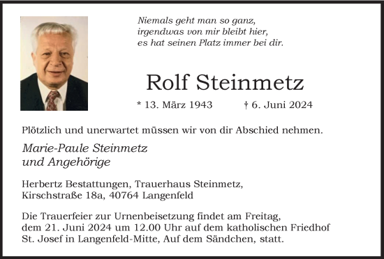 Traueranzeige von Rolf Steinmetz von Tageszeitung