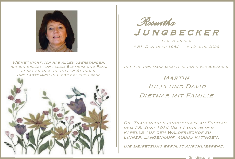  Traueranzeige für Roswitha Jungbecker vom 22.06.2024 aus Tageszeitung