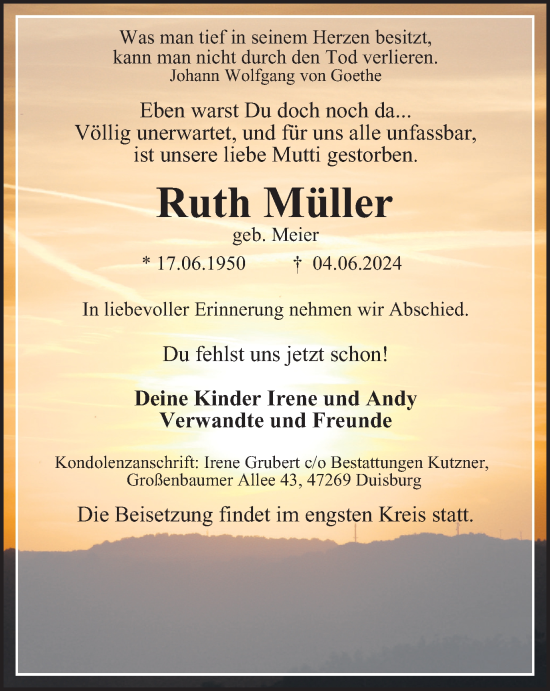 Traueranzeige von Ruth Müller von Tageszeitung