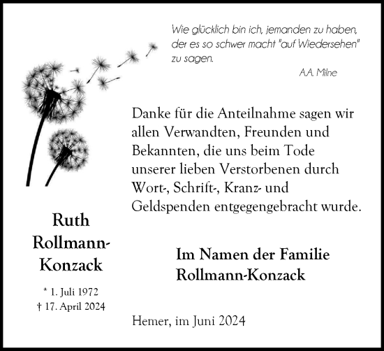 Traueranzeige von Ruth Rollmann-Konzack von Tageszeitung