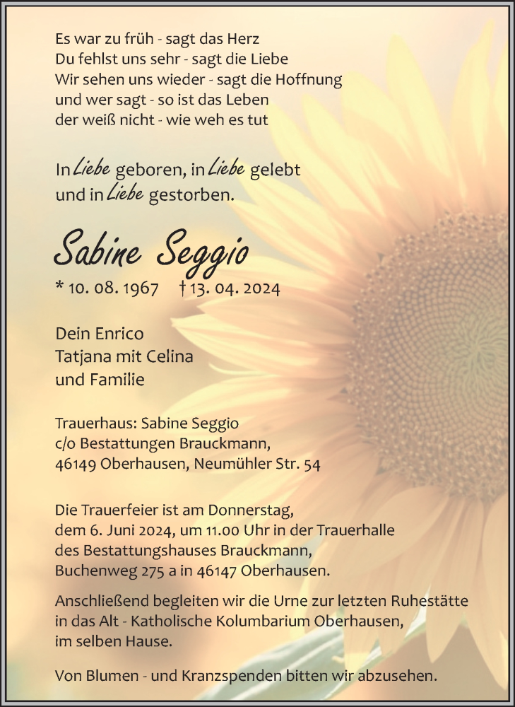  Traueranzeige für Sabine Seggio vom 01.06.2024 aus Tageszeitung