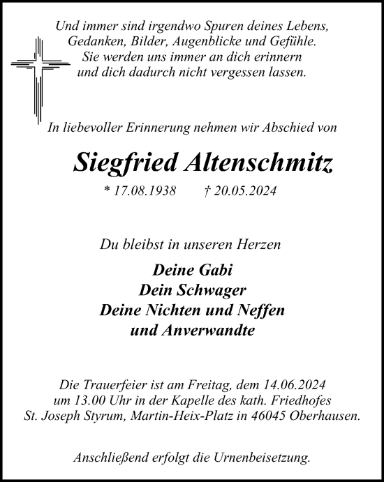 Traueranzeige von Siegfried Altenschmitz von Tageszeitung