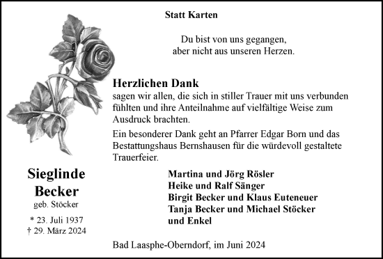 Traueranzeige von Sieglinde Becker von Tageszeitung