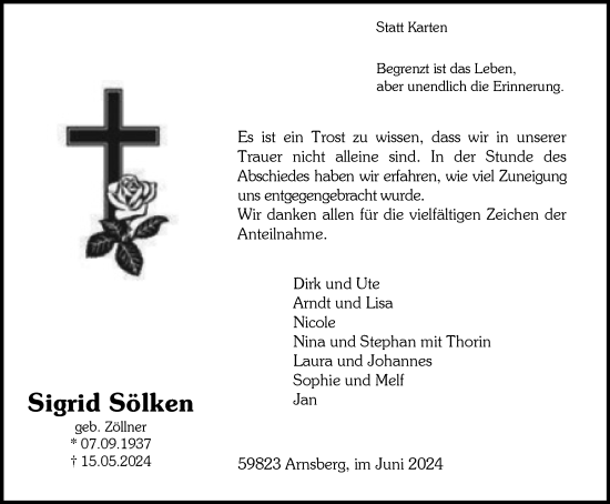 Traueranzeige von Sigrid Sölken von Tageszeitung