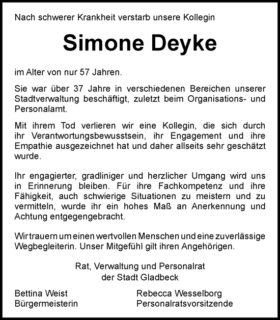 Traueranzeige von Simone Deyke von Tageszeitung
