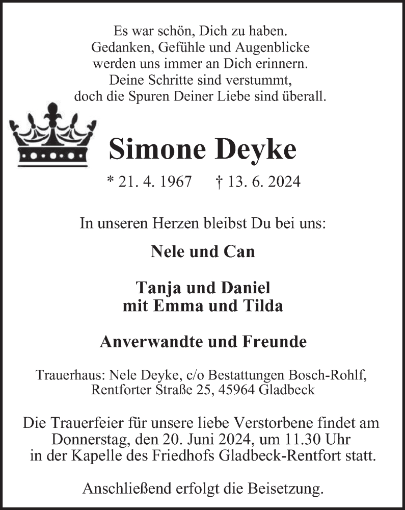  Traueranzeige für Simone Deyke vom 18.06.2024 aus Tageszeitung