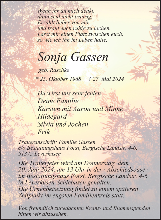 Traueranzeige von Sonja Gassen von Tageszeitung