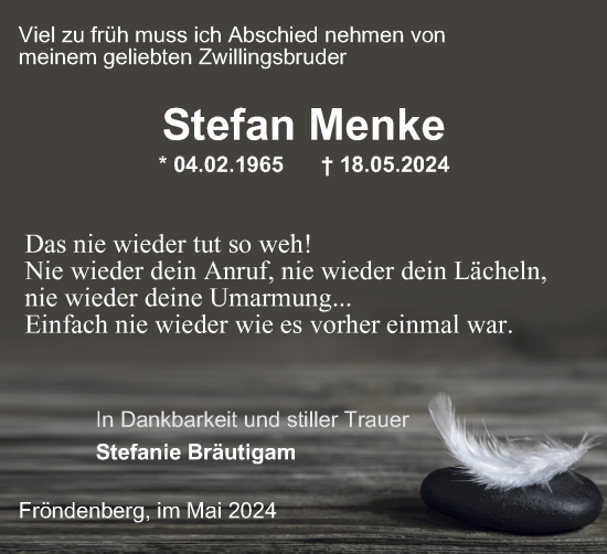 Traueranzeige von Stefan Menke von Tageszeitung