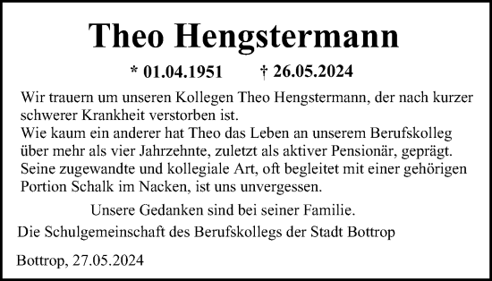 Traueranzeige von Theo Hengstermann von Tageszeitung