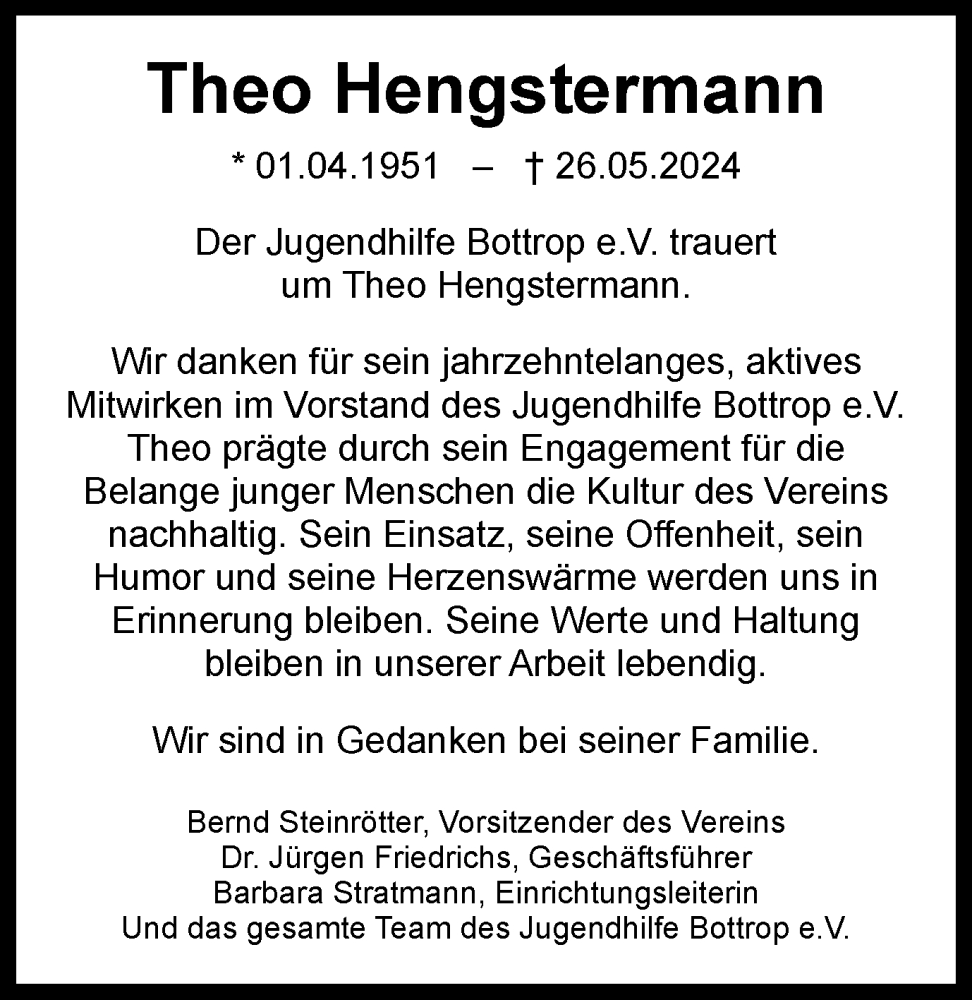  Traueranzeige für Theo Hengstermann vom 01.06.2024 aus Tageszeitung