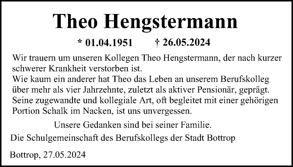  Traueranzeige für Theo Hengstermann vom 08.06.2024 aus Tageszeitung