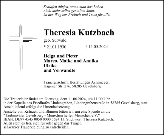 Traueranzeige von Theresia Kutzbach von Tageszeitung