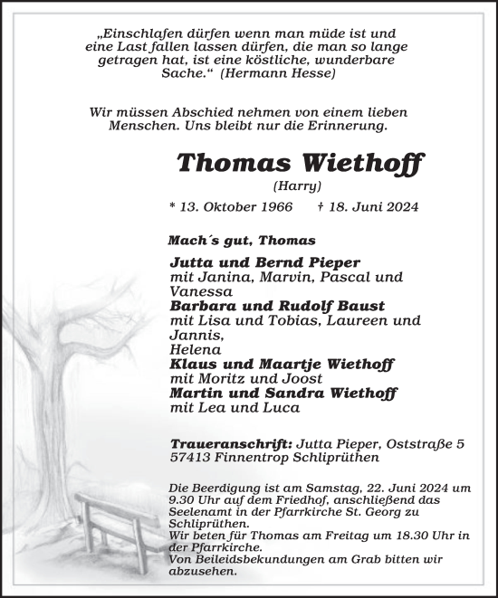 Traueranzeige von Thomas Wiethoff von Tageszeitung