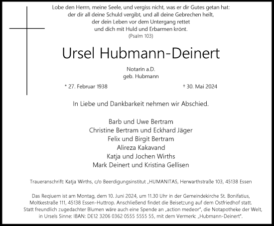 Traueranzeige von Ursel Hubmann-Deinert von Tageszeitung