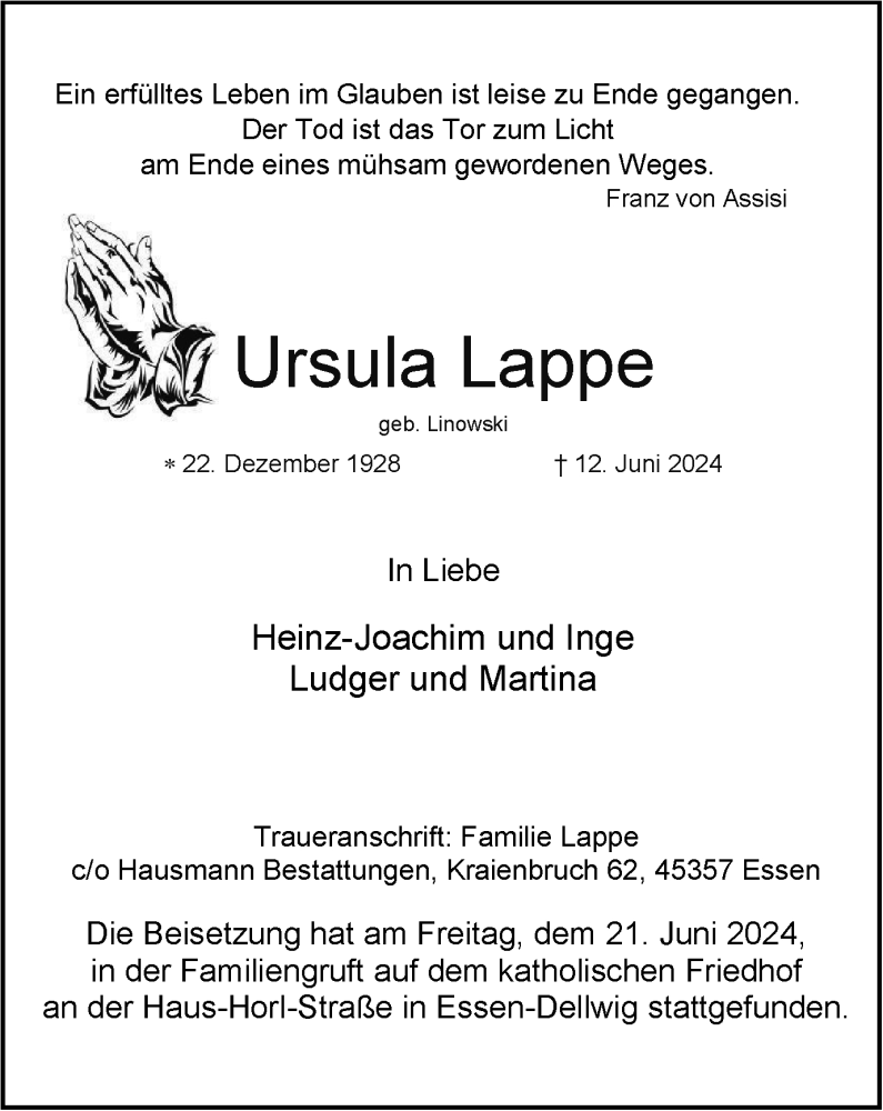  Traueranzeige für Ursula Lappe vom 22.06.2024 aus Tageszeitung