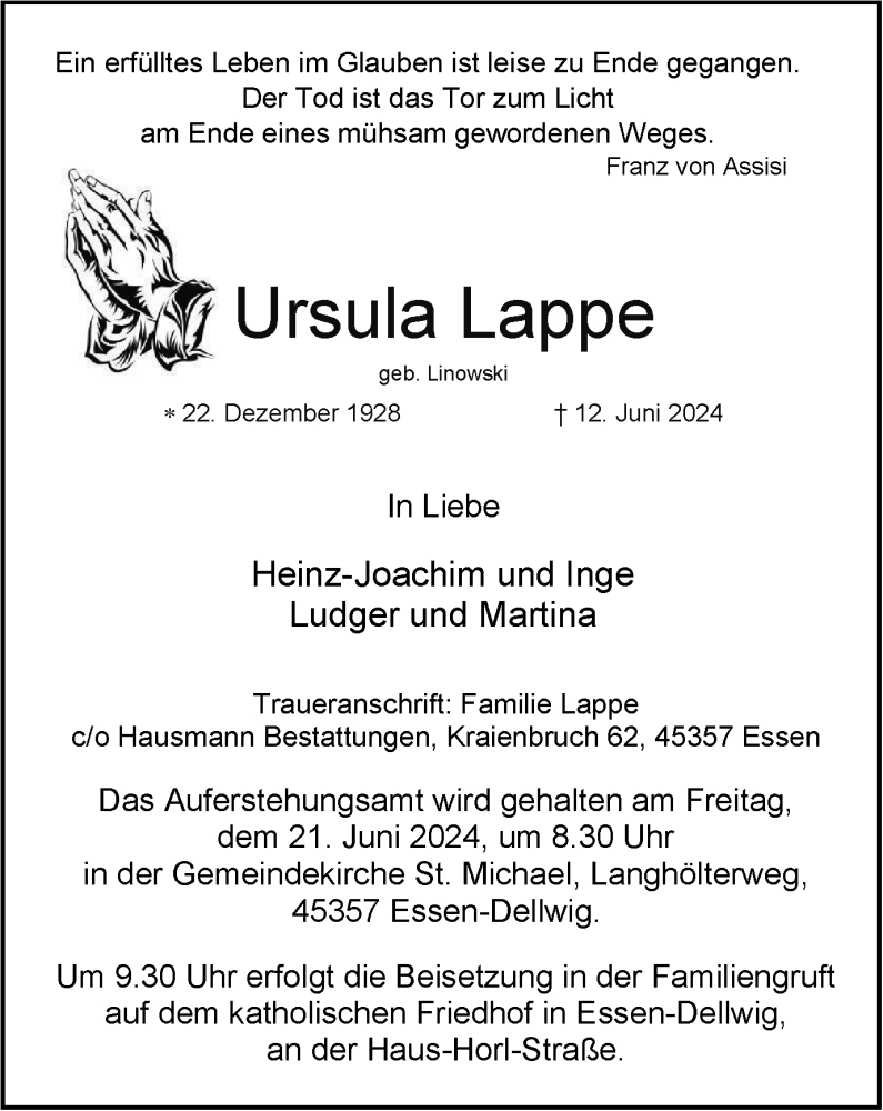  Traueranzeige für Ursula Lappe vom 15.06.2024 aus Tageszeitung
