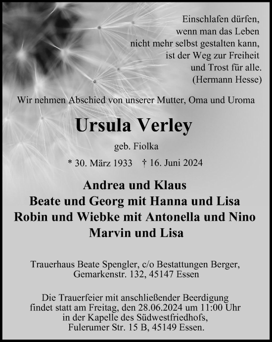 Traueranzeige von Ursula Verley von Tageszeitung