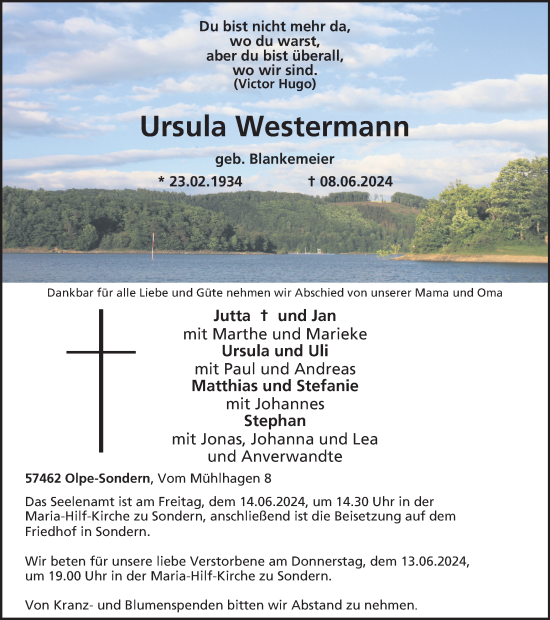 Traueranzeige von Ursula Westermann von Tageszeitung