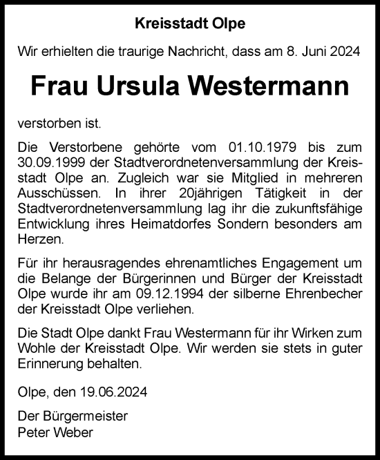 Traueranzeige von Ursula Westermann von Tageszeitung