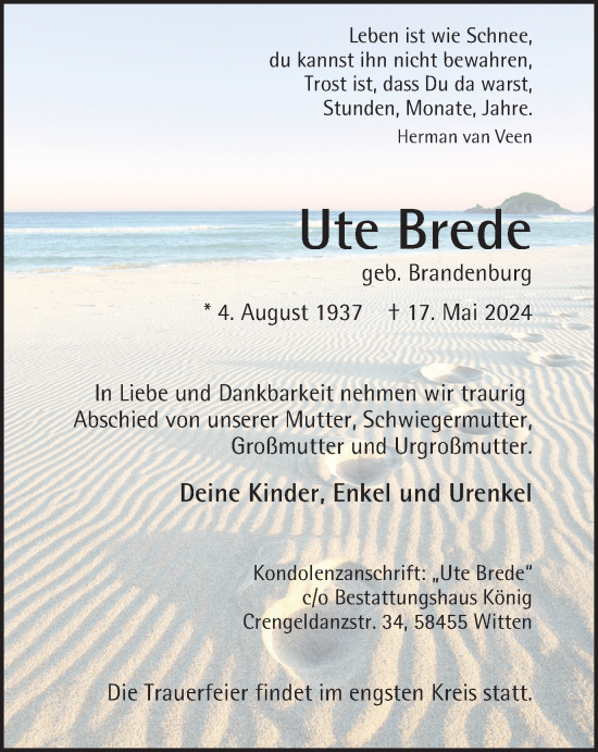 Traueranzeige von Ute Brede von Tageszeitung