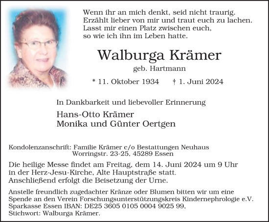 Traueranzeige von Walburga Krämer von Tageszeitung
