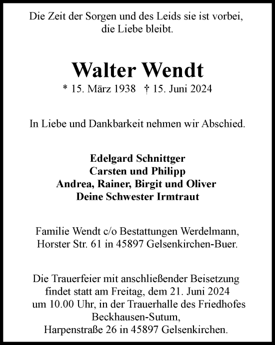 Traueranzeige von Walter Wendt von Tageszeitung