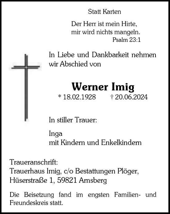 Traueranzeige von Werner Imig von Tageszeitung
