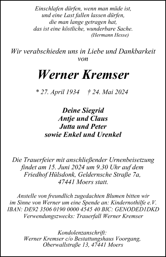 Traueranzeige von Werner Kremser von Tageszeitung