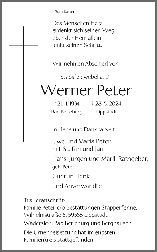Traueranzeige von Werner Peter von Tageszeitung
